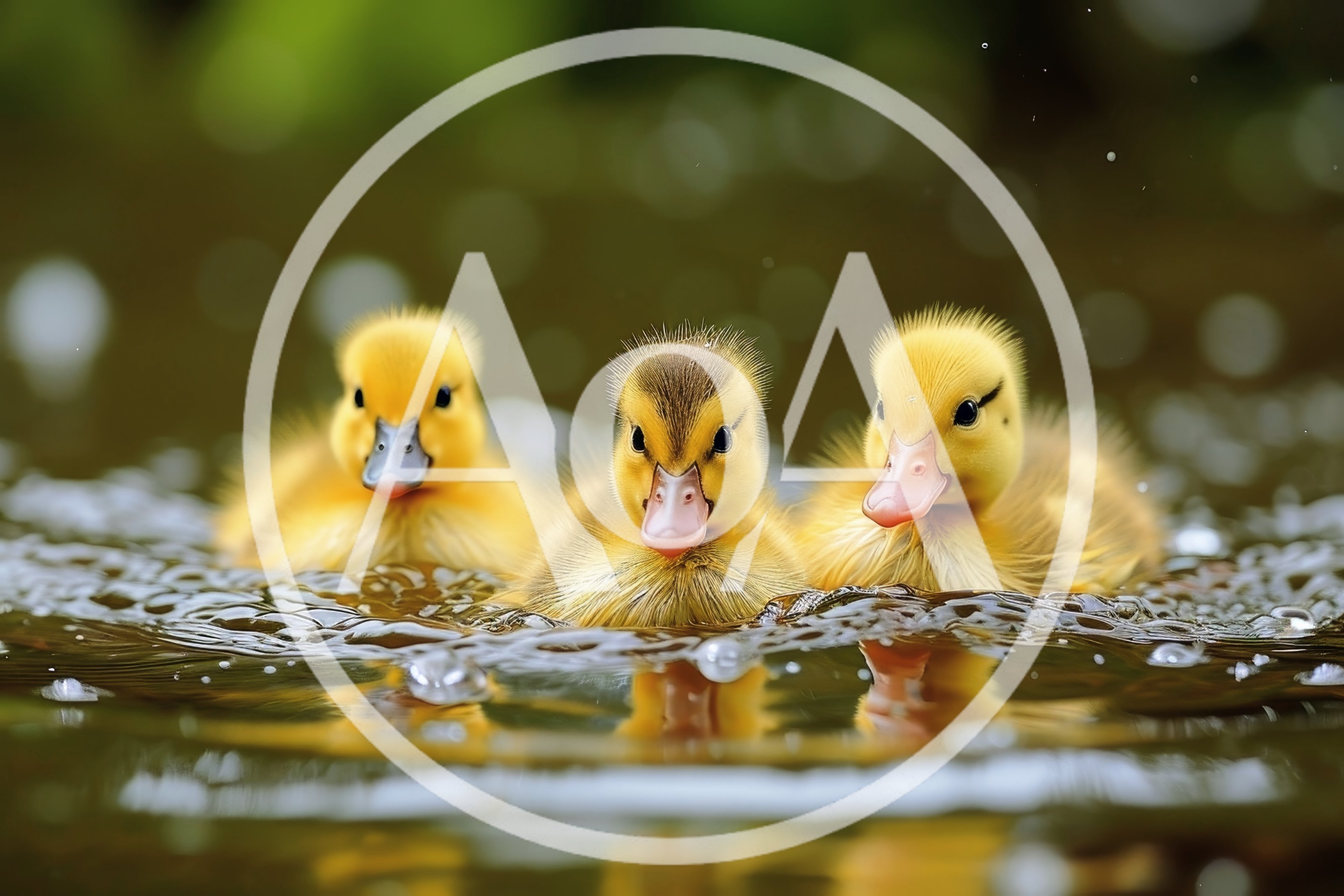 Three Fluffy Ducklings Swimming In A Pond