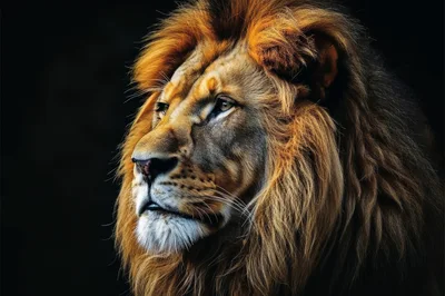 Majestic Male Lion Portrait Against Dark Background