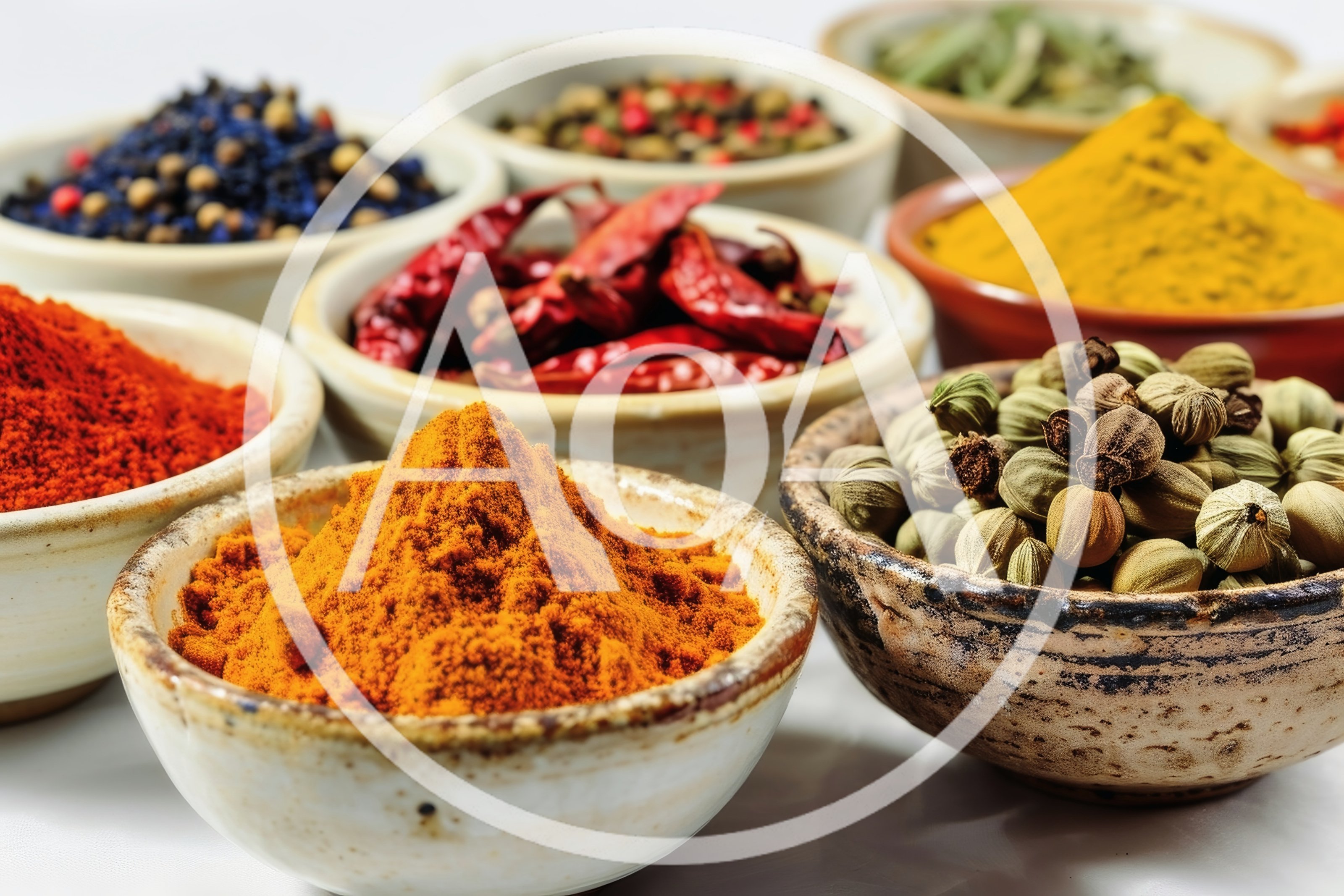 Assorted Spices In Small Ceramic Bowls