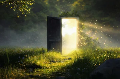 Mystical Open Doorway Standing In A Glowing Forest Meadow