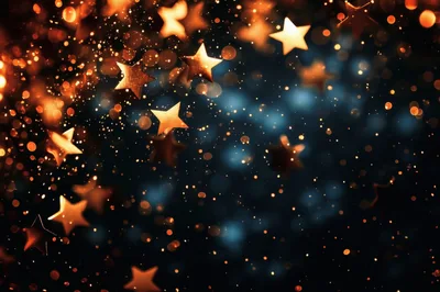 Golden Star Confetti Floating Against Dark Blue Background