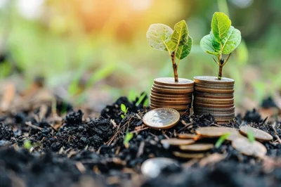 Small Plants Growing From Stacks Of Coins