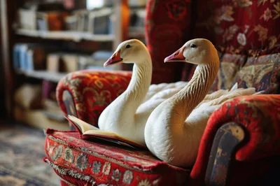 Two White Geese Sitting On A Vintage Red Armchair