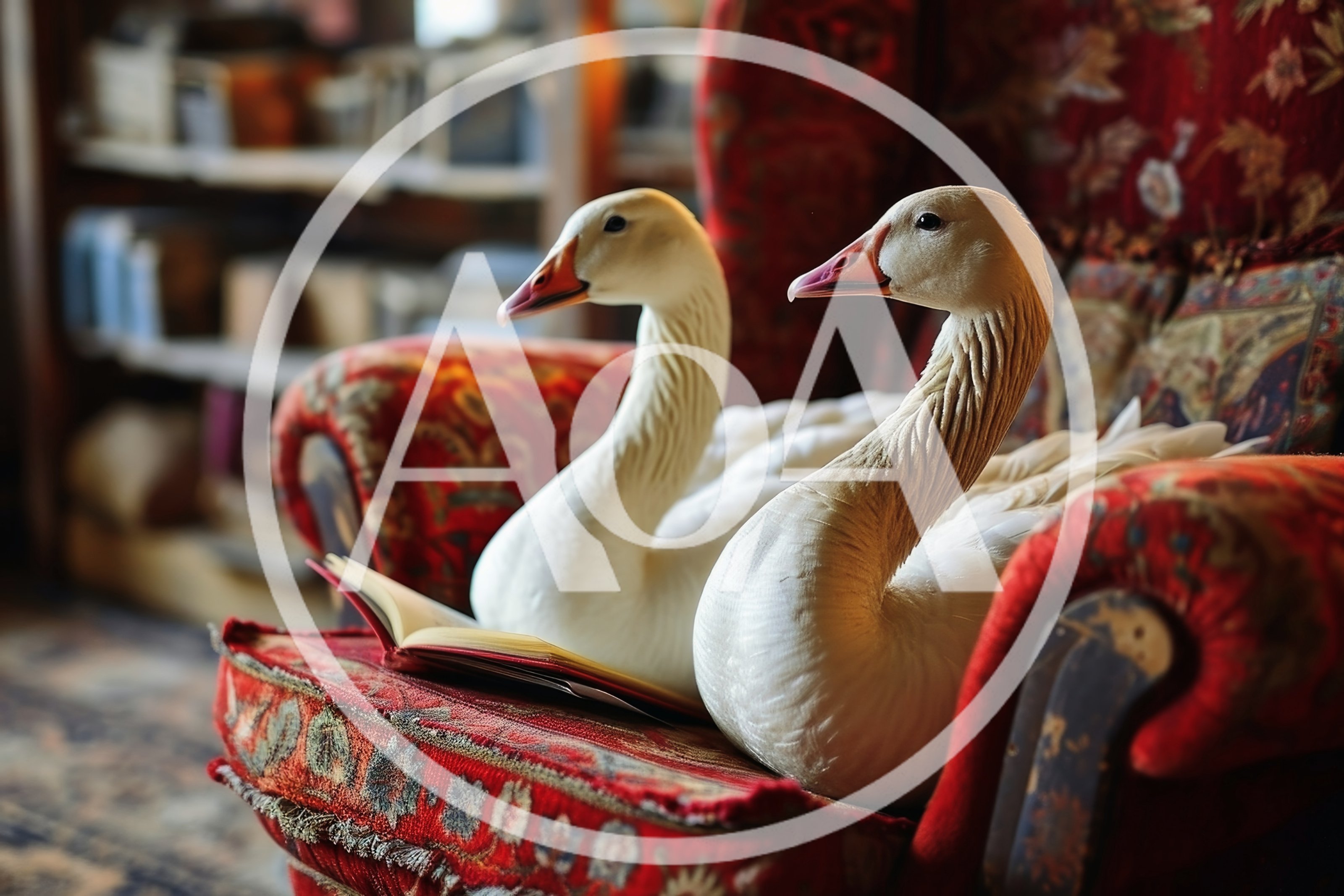 Two White Geese Sitting On A Vintage Red Armchair