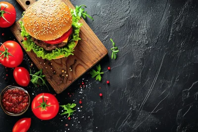 Gourmet Cheeseburger on Wooden Board with Fresh Tomatoes