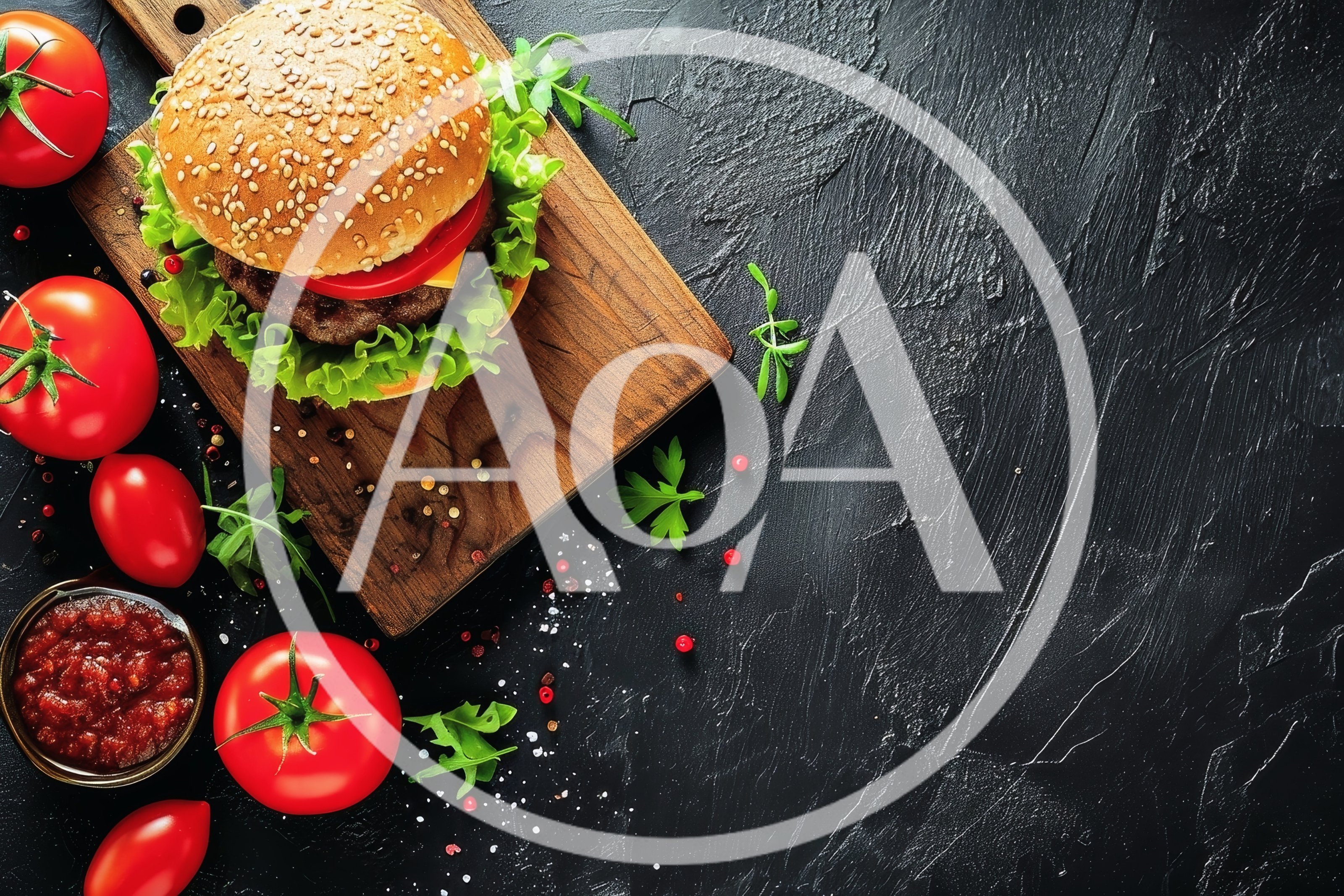 Gourmet Cheeseburger on Wooden Board with Fresh Tomatoes