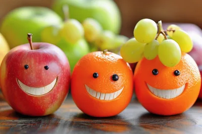 Three Smiling Fruit Characters With Carved Faces