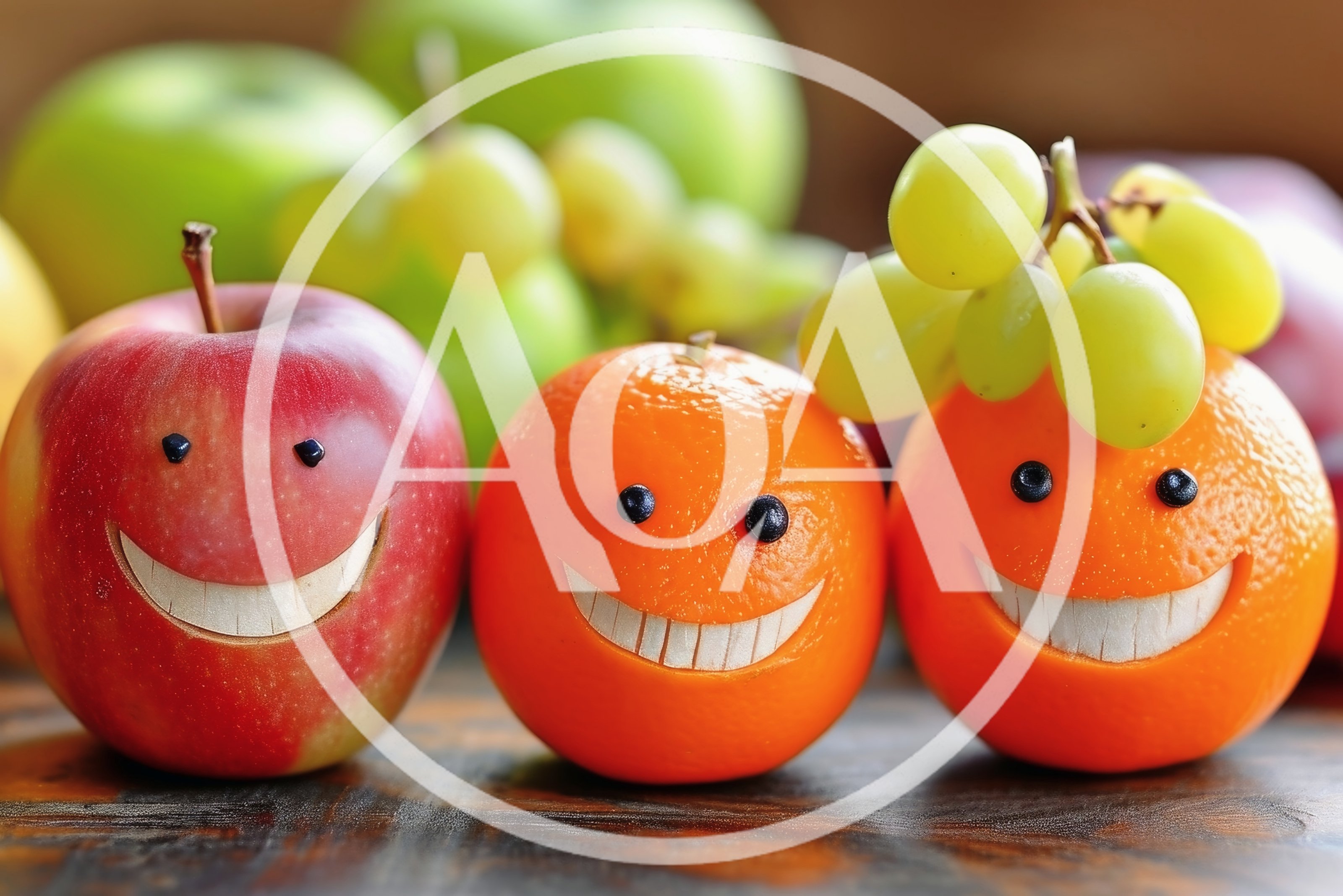 Three Smiling Fruit Characters With Carved Faces
