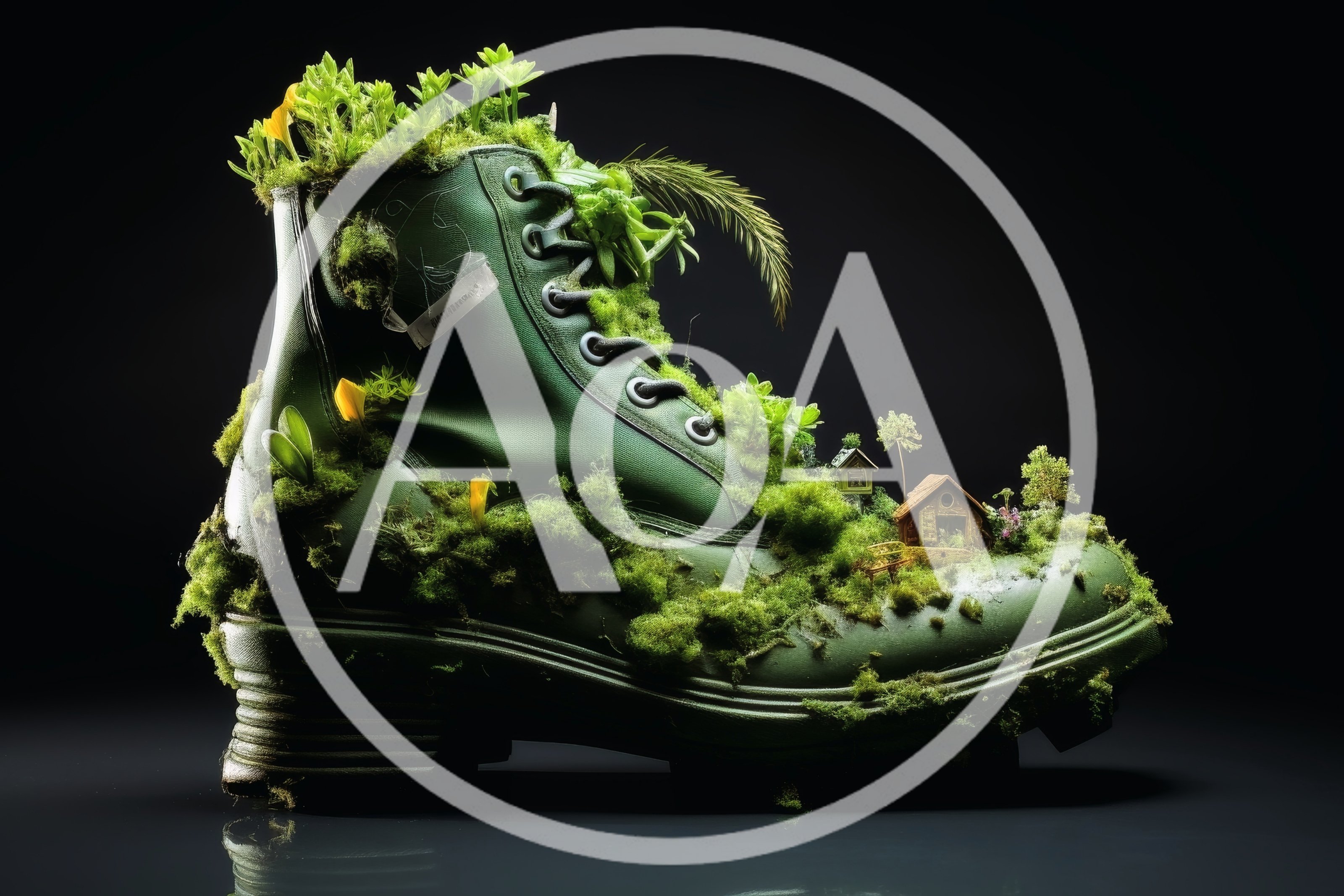 Miniature Landscape Growing Inside A Green Boot