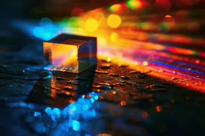 Glass Cube Refracting Light on Wet Surface