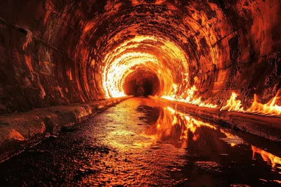 Fiery Tunnel With Glowing Flames And Reflective Water