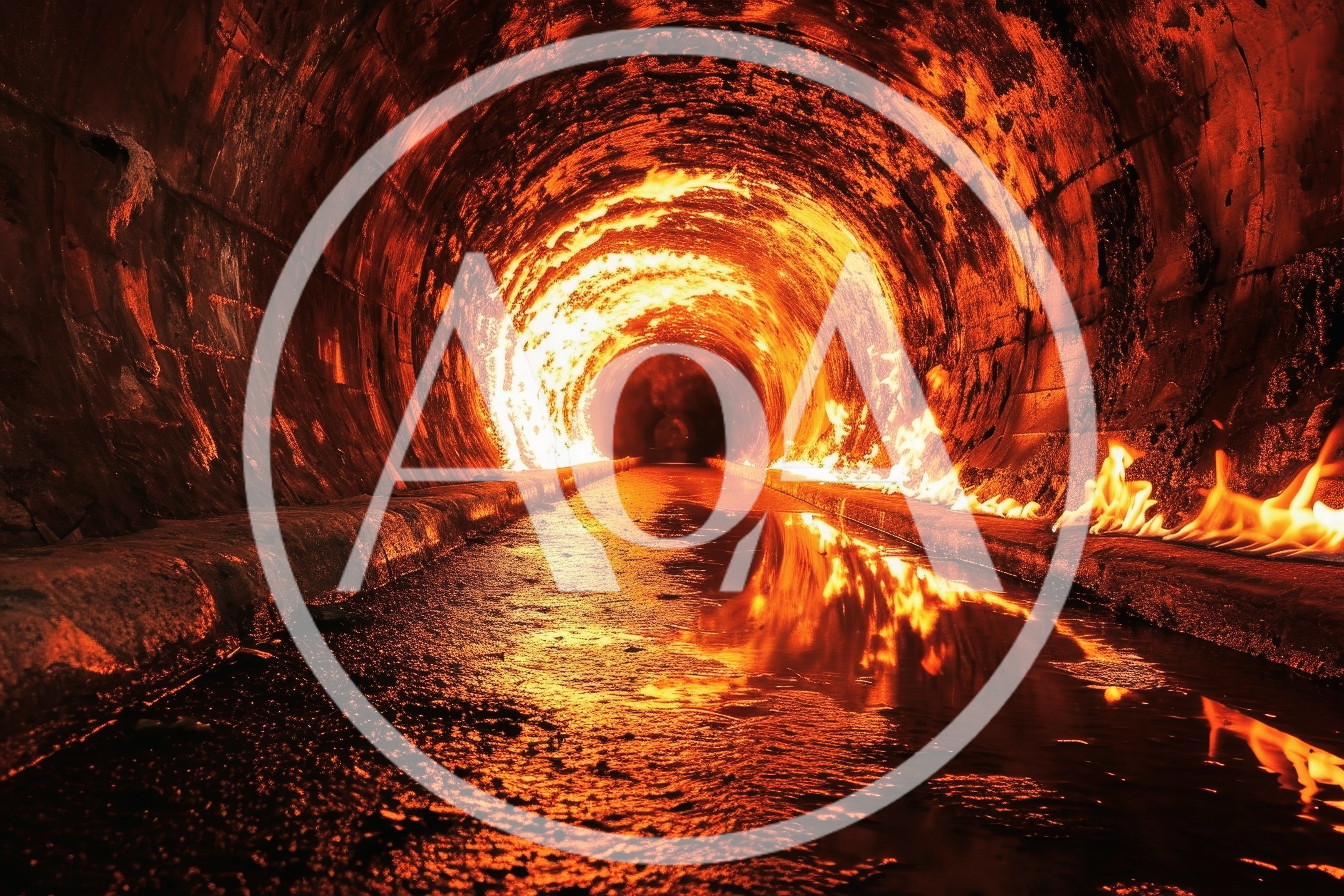 Fiery Tunnel With Glowing Flames And Reflective Water