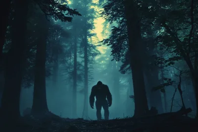 Bigfoot Silhouette Standing In A Misty Dark Forest