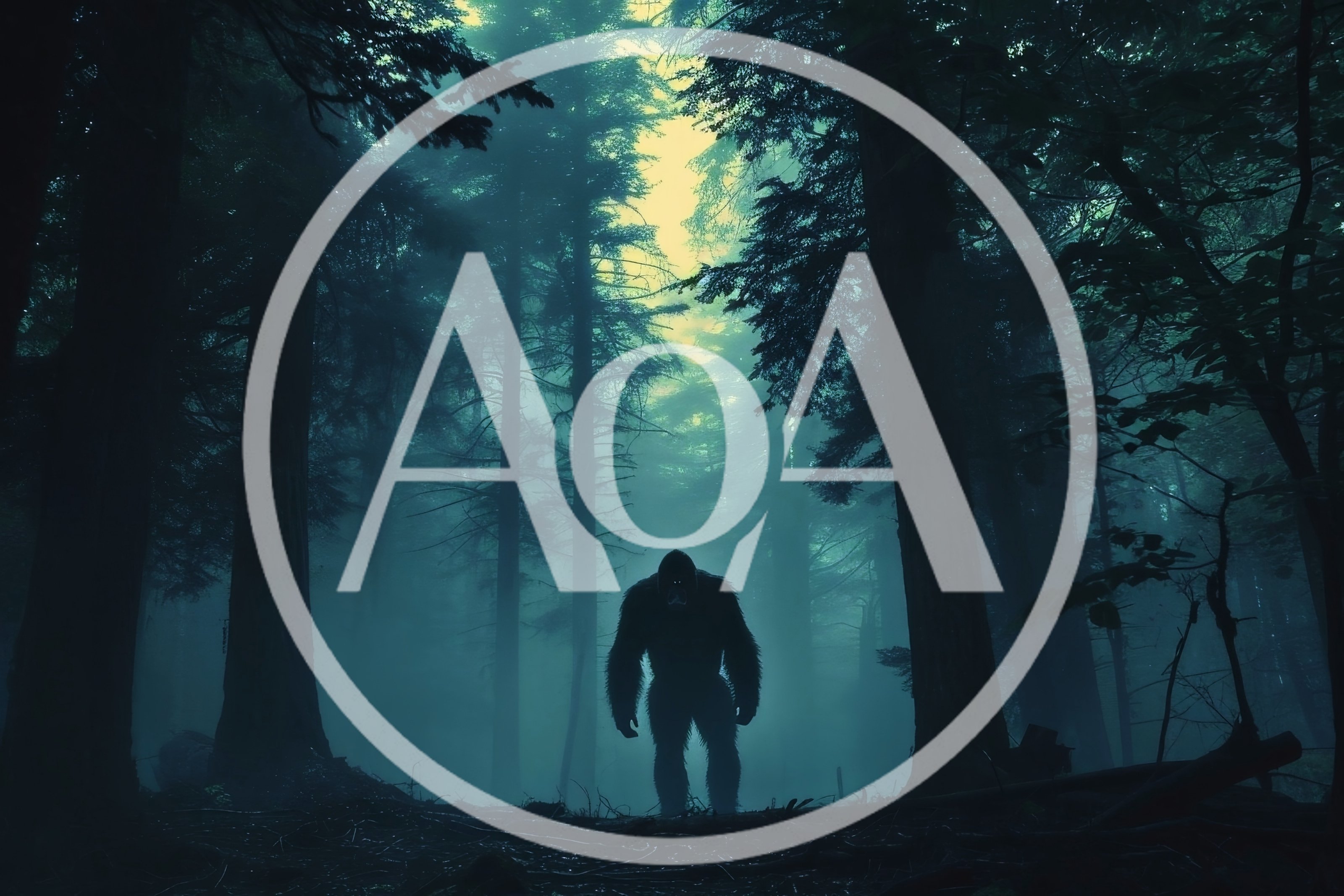 Bigfoot Silhouette Standing In A Misty Dark Forest