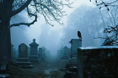 A Raven Perched On A Tombstone In A Foggy Cemetery
