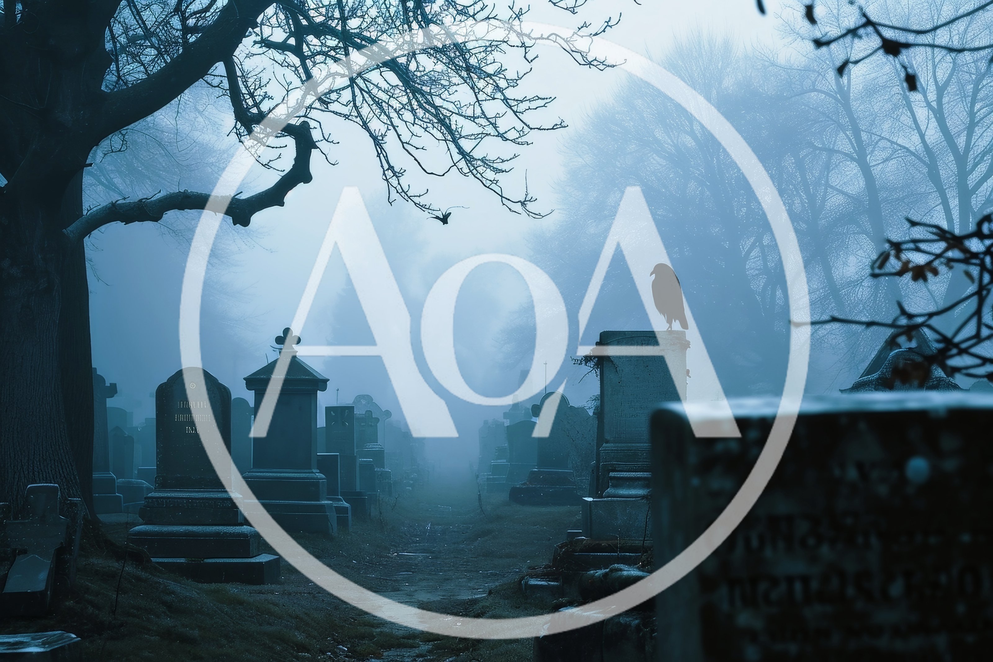 A Raven Perched On A Tombstone In A Foggy Cemetery