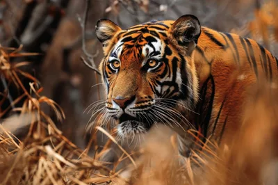 Majestic Bengal Tiger Stalking Through Dry Grass