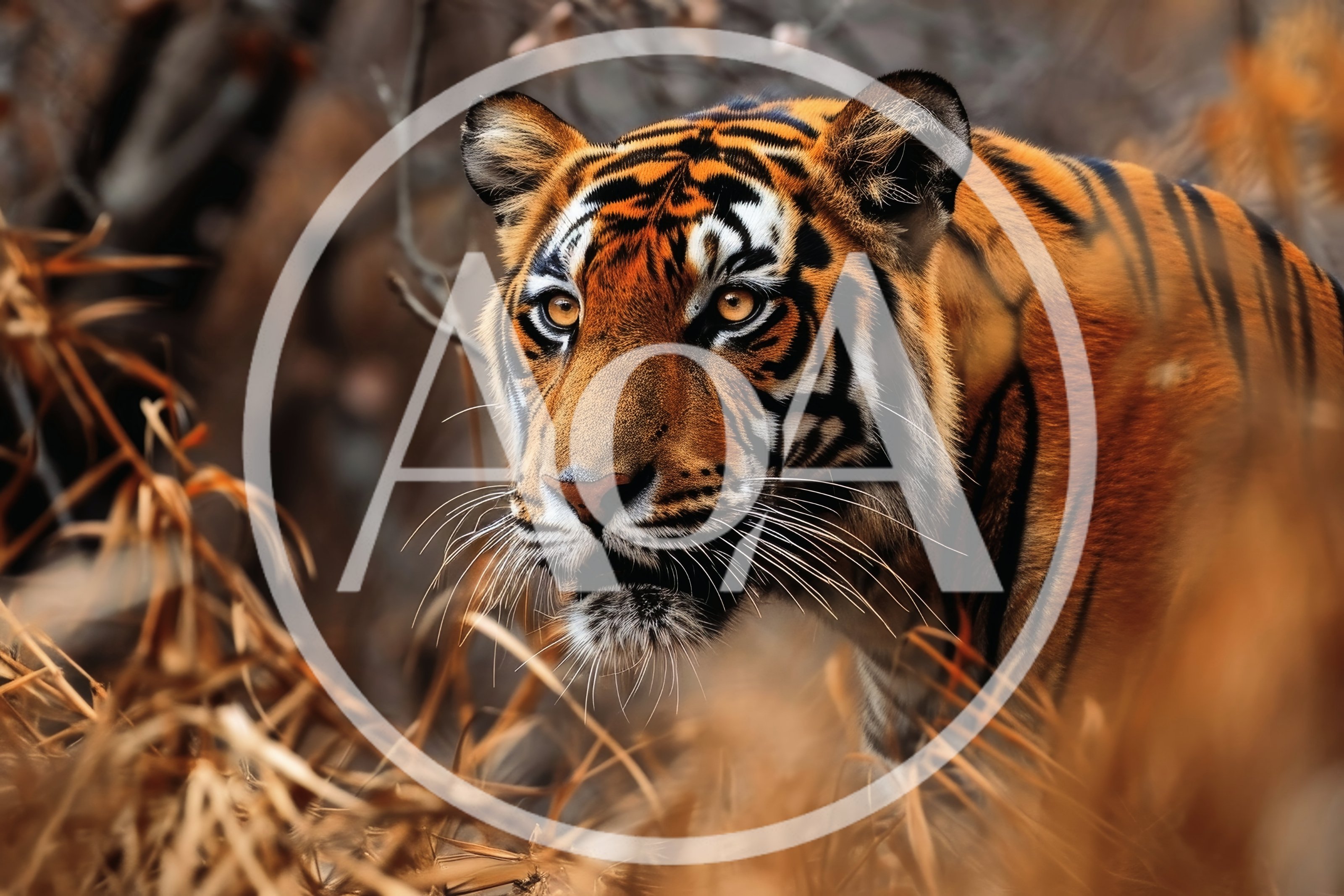 Majestic Bengal Tiger Stalking Through Dry Grass