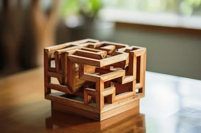 Intricate Wooden Maze Puzzle Cube On Table