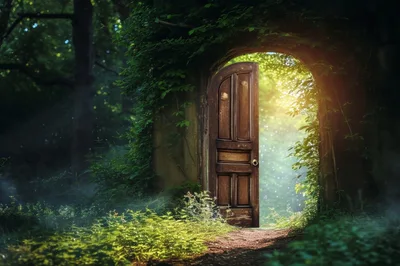 Enchanted Wooden Doorway In A Magical Forest