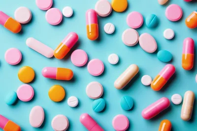 Assorted Colorful Pharmaceutical Pills On Blue Background