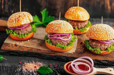 Gourmet Beef Sliders on a Rustic Wooden Board