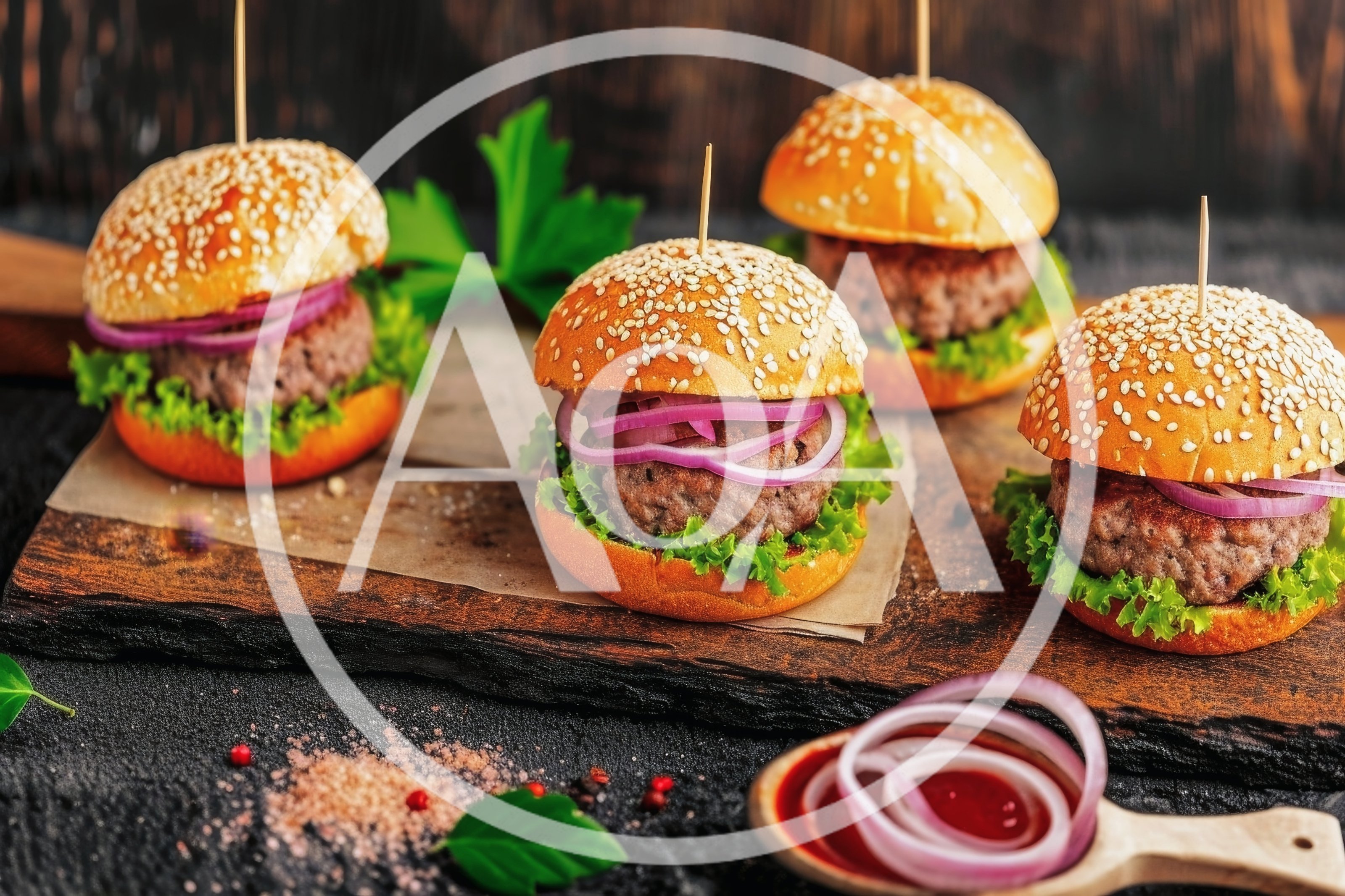 Gourmet Beef Sliders on a Rustic Wooden Board