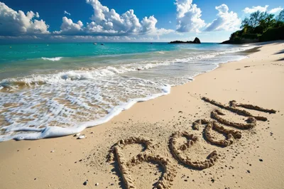 Beach Written In Sand On Tropical Shoreline