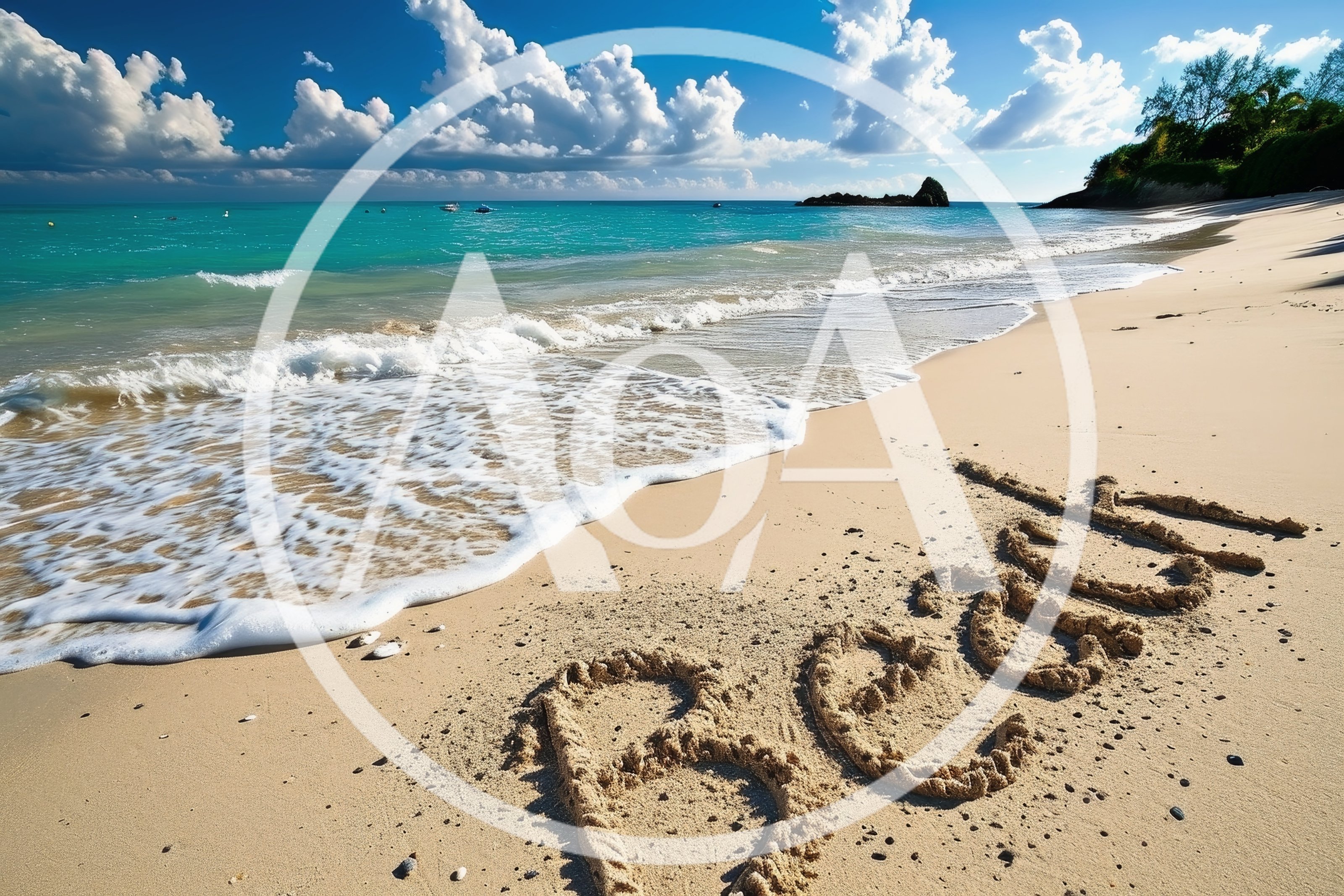 Beach Written In Sand On Tropical Shoreline