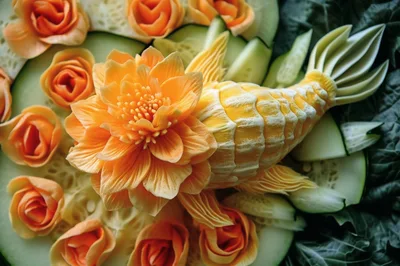 Intricate Fruit Carving Of A Fish And Flowers