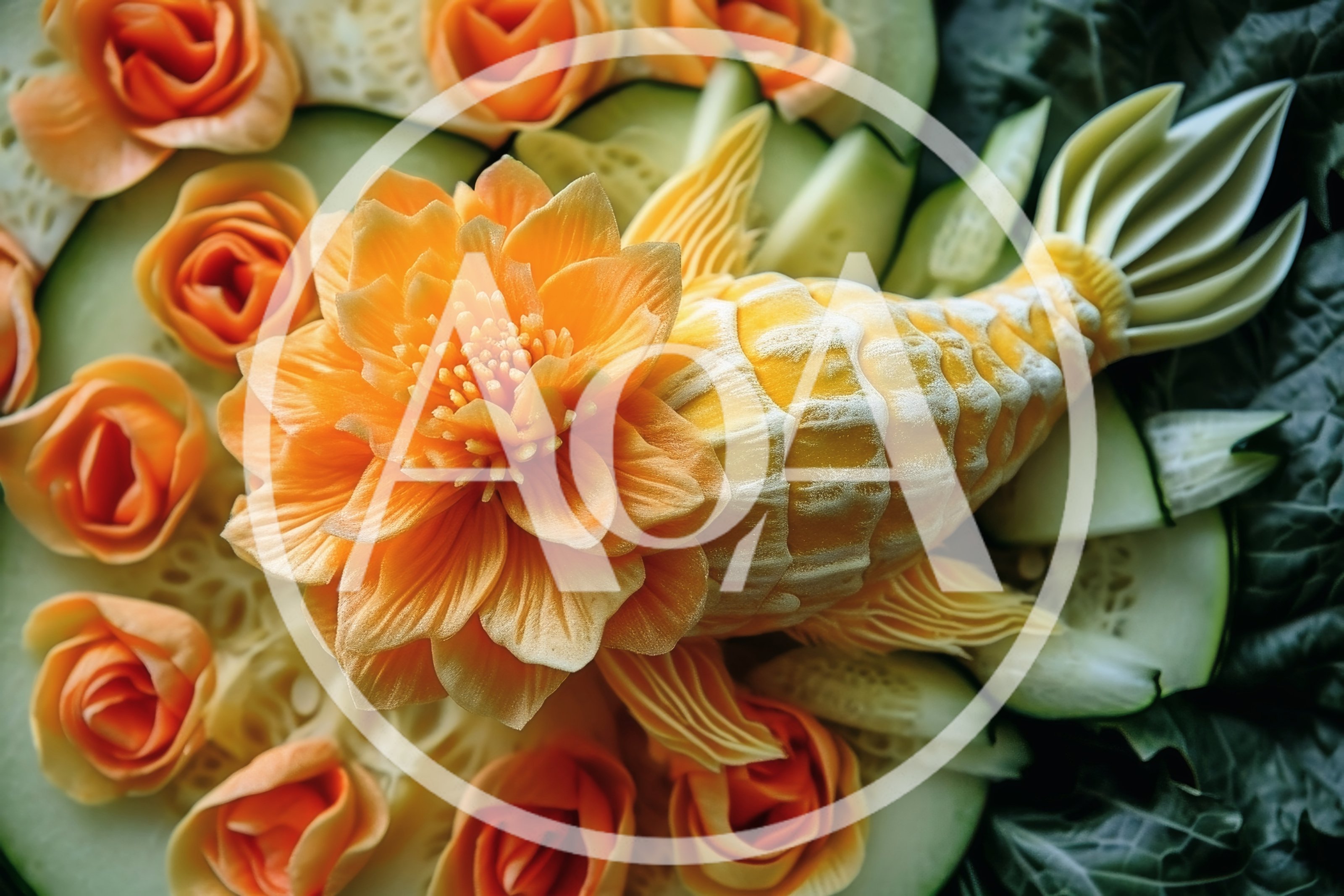 Intricate Fruit Carving Of A Fish And Flowers