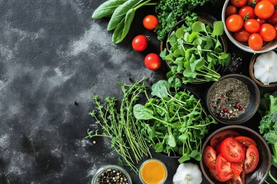 Fresh Vegetables and Herbs on Dark Background
