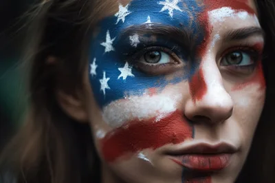 Close Up Portrait Of Woman With American Flag Face Paint