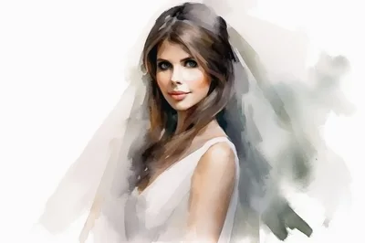 Watercolor Portrait Of A Beautiful Bride In A Veil