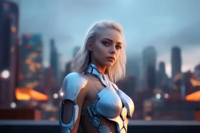 Cyborg Woman Standing Against A Blurred City Skyline