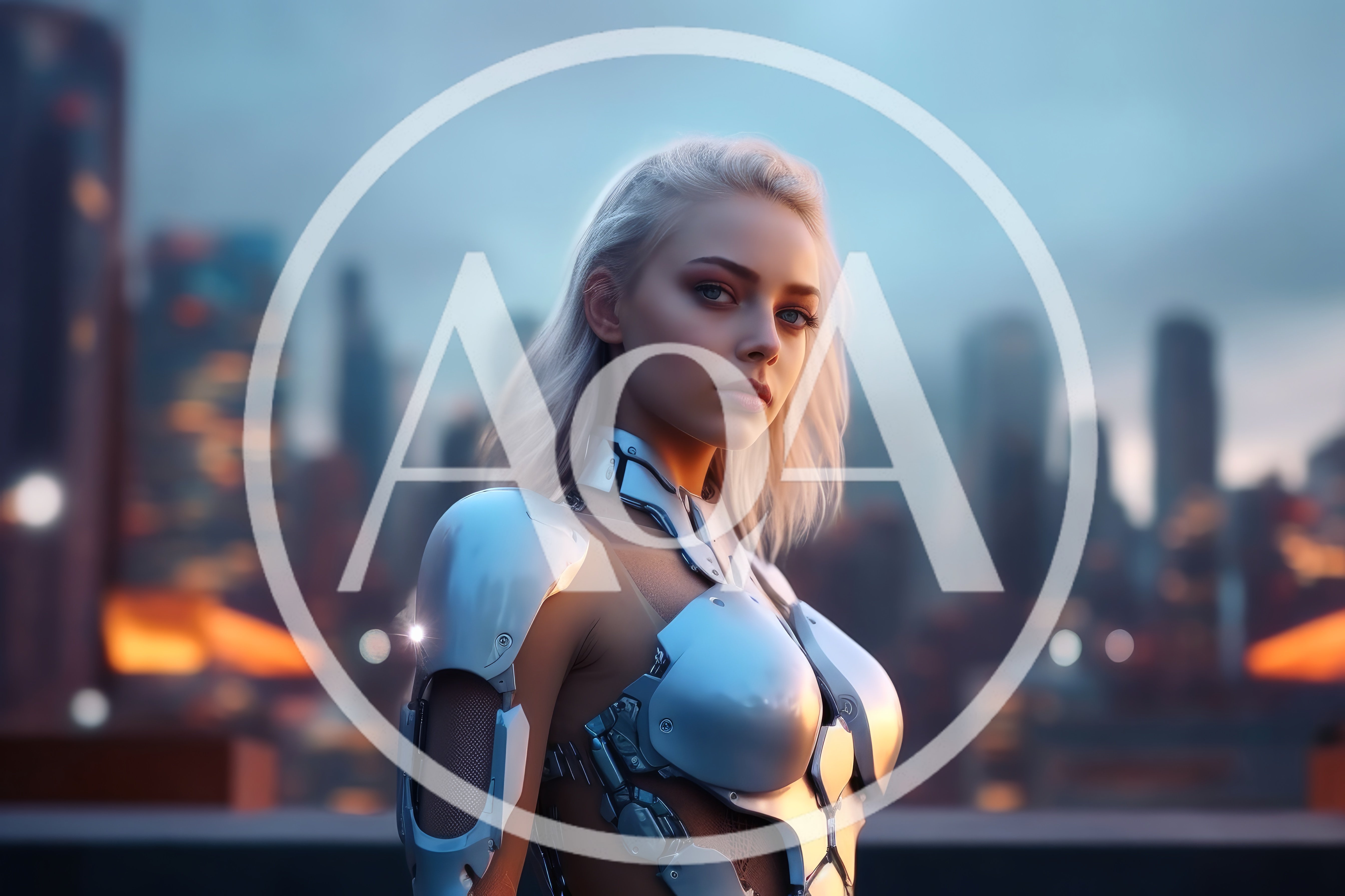 Cyborg Woman Standing Against A Blurred City Skyline