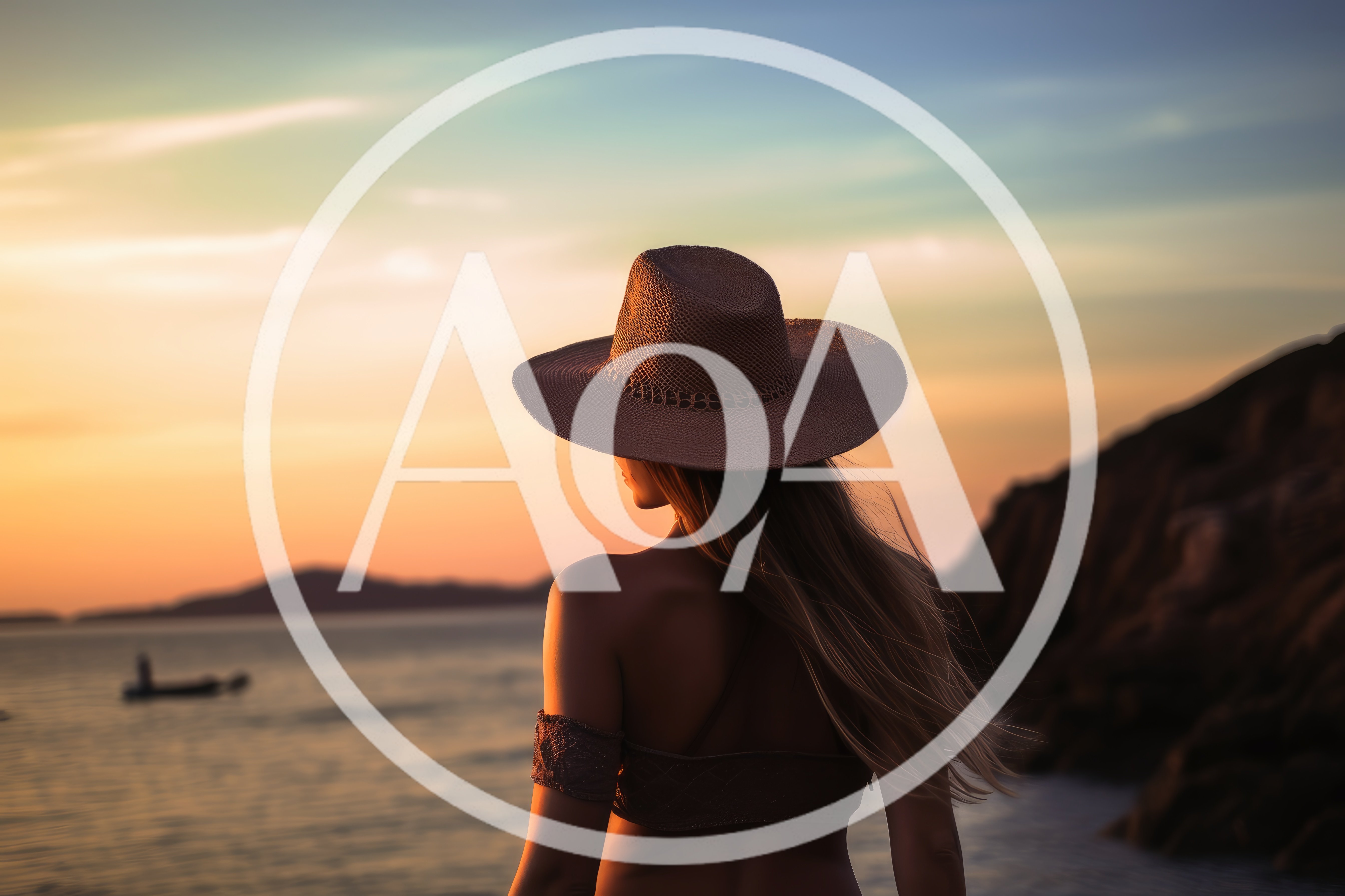 Woman Wearing Straw Hat Looking At Sunset Over Ocean