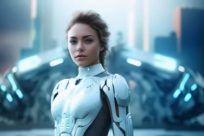 Portrait of a Futuristic Female Cyborg in Cybernetic Armor