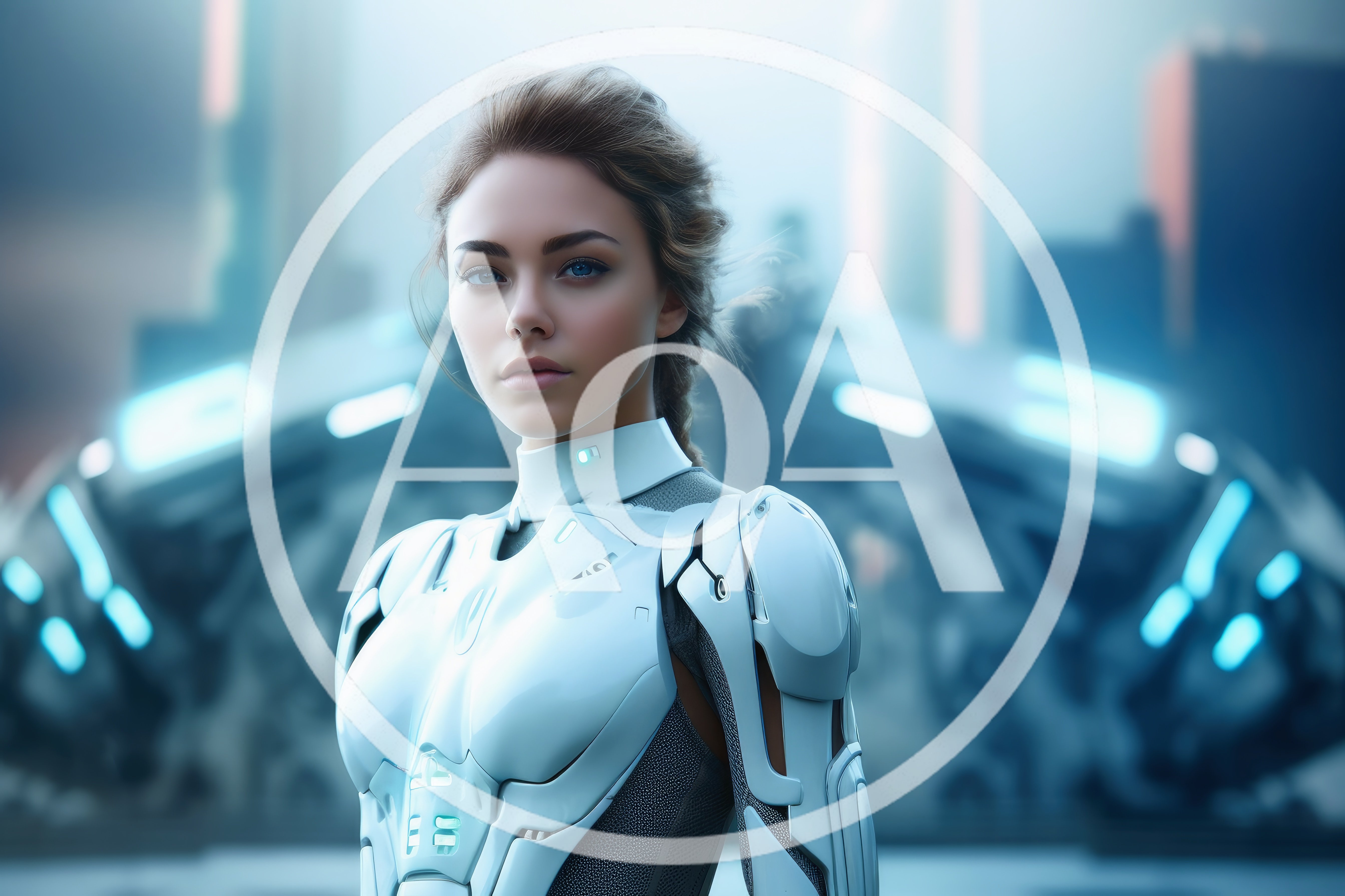 Portrait of a Futuristic Female Cyborg in Cybernetic Armor