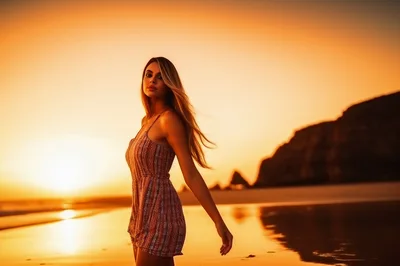 Young Woman Walking Along Beach At Golden Hour