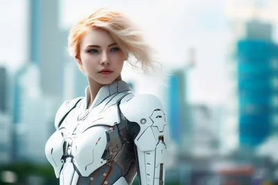 Futuristic Female Cyborg Standing In A Modern City
