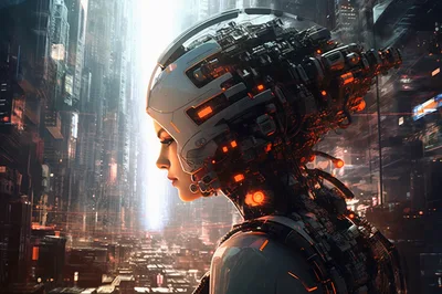 Cyborg Woman Profile In Futuristic Cyberpunk City