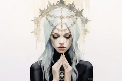 Ethereal Woman With Crown Praying In Watercolor Style