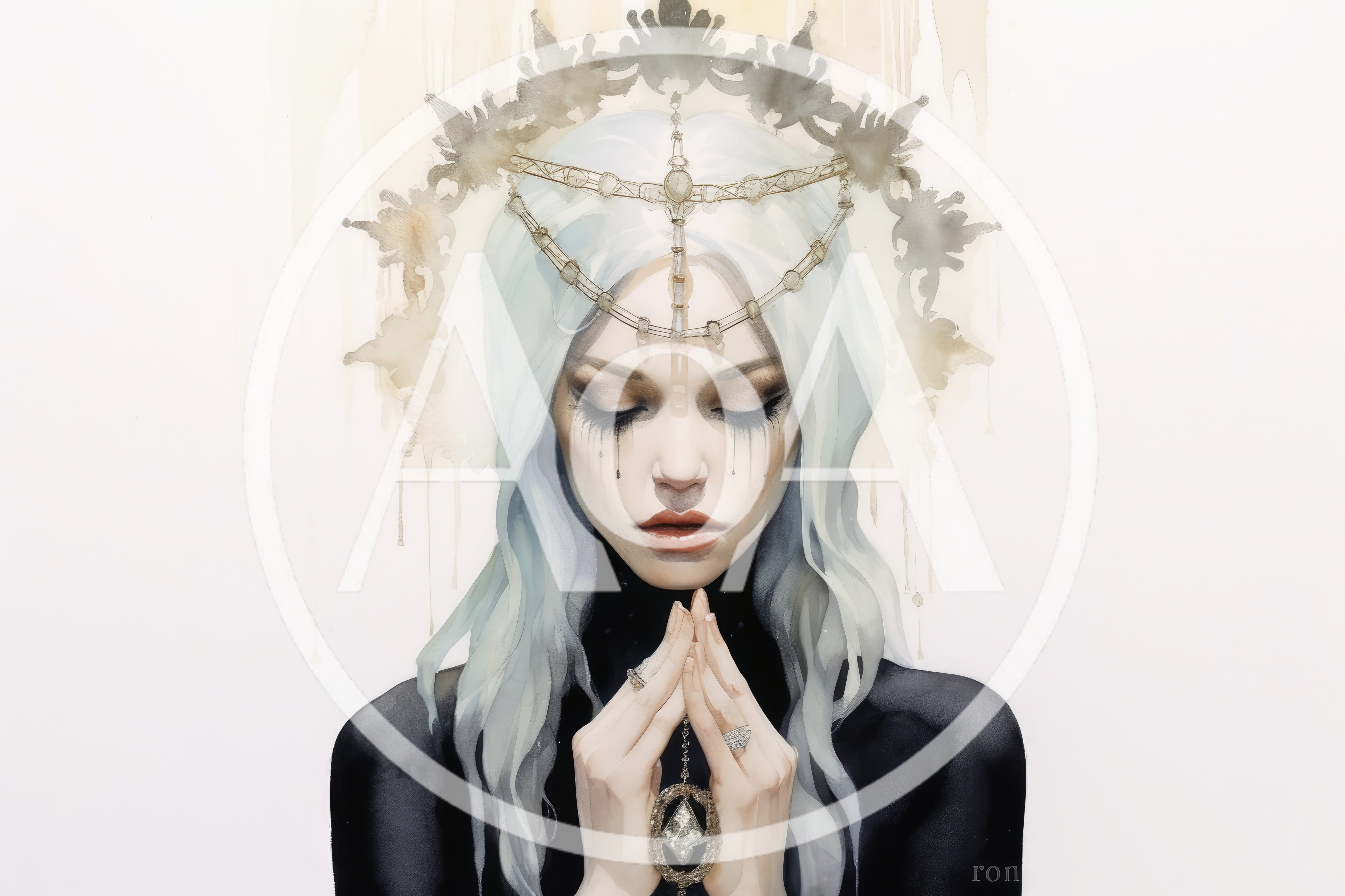 Ethereal Woman With Crown Praying In Watercolor Style