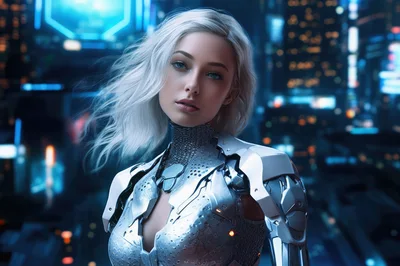 Cyborg Woman With Silver Hair In Futuristic City