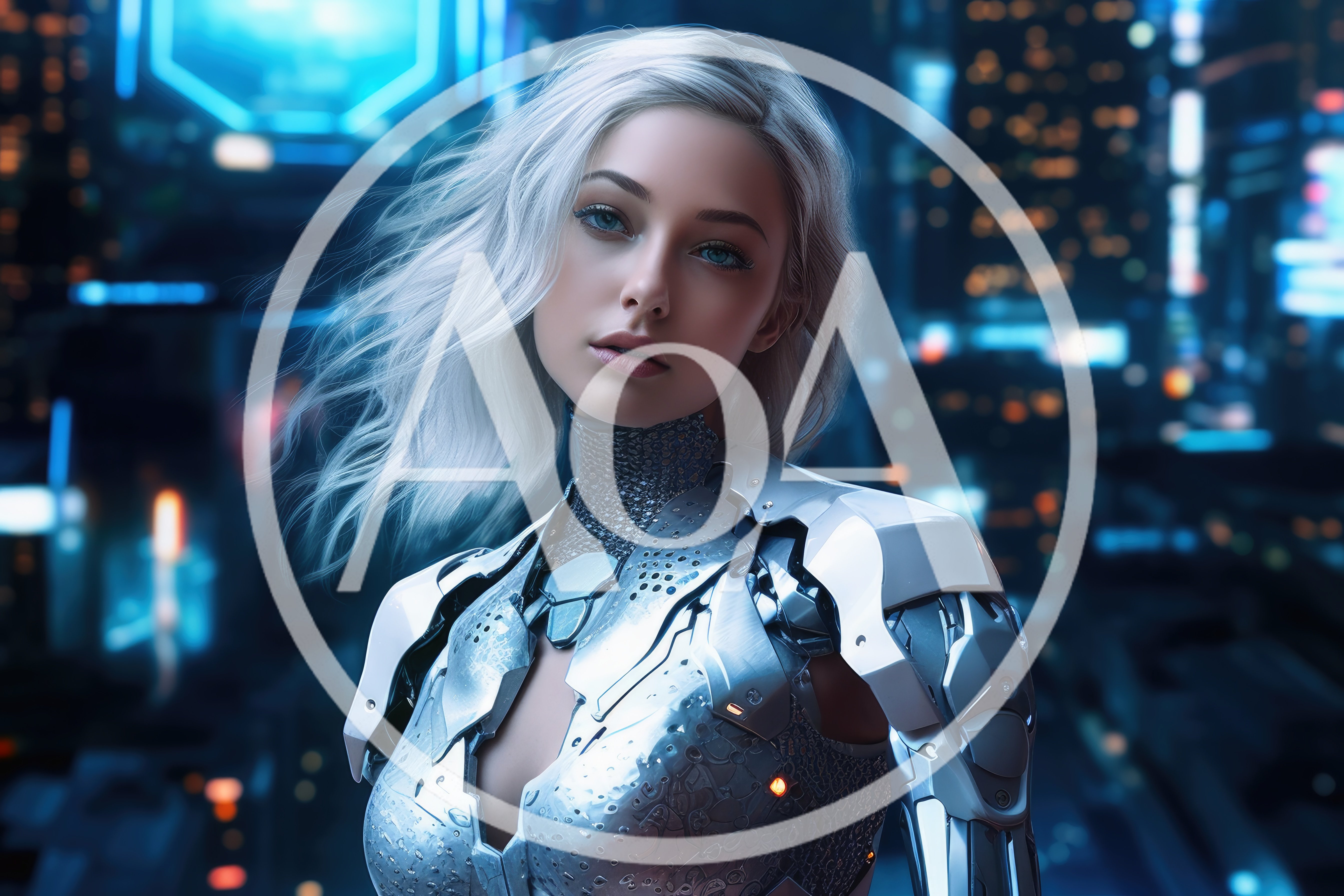 Cyborg Woman With Silver Hair In Futuristic City