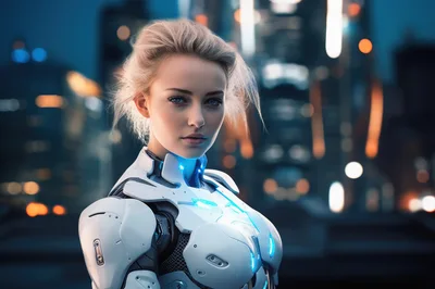 Portrait Of A Futuristic Female Cyborg In Urban Setting