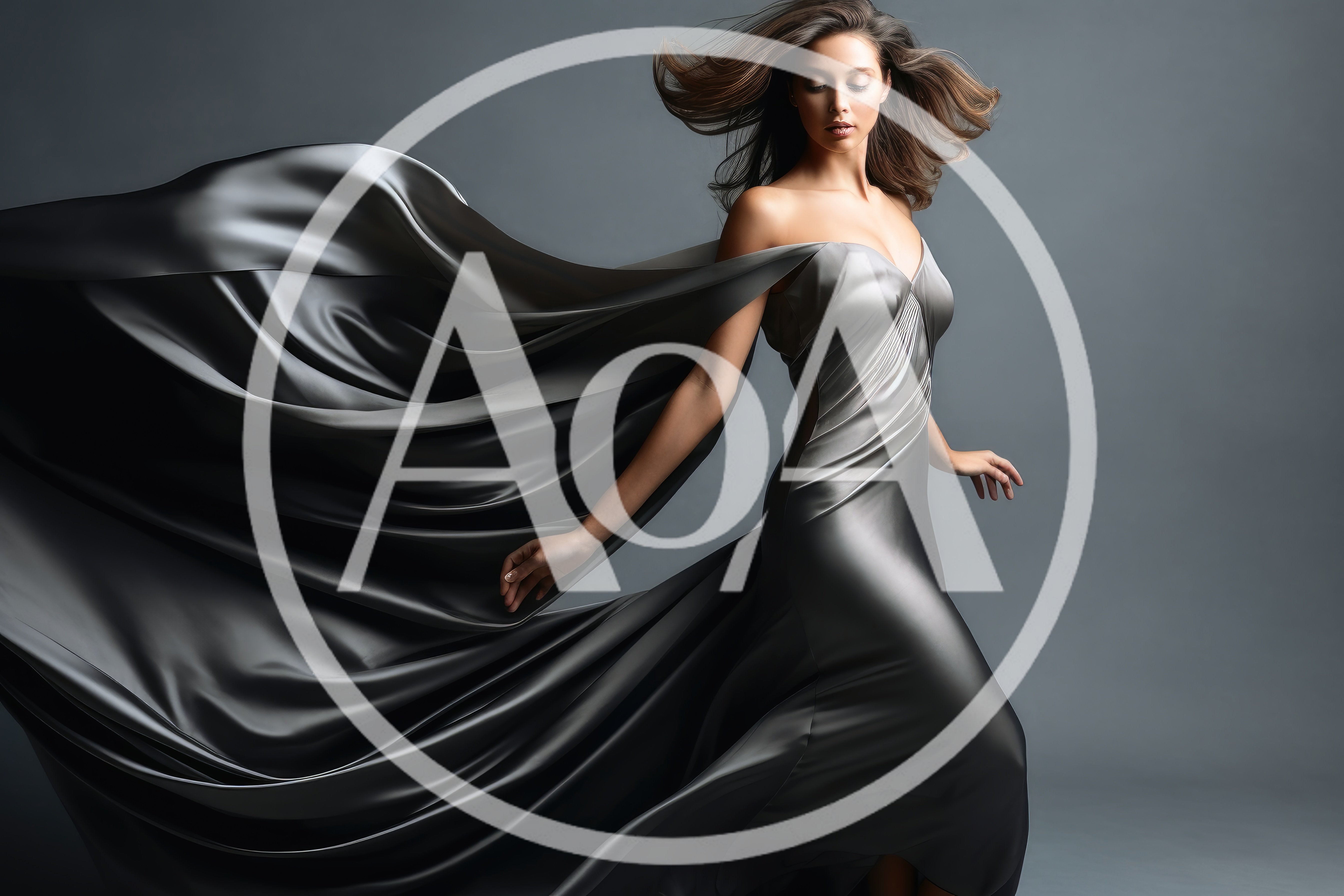 Elegant Woman In Flowing Silver Silk Evening Gown