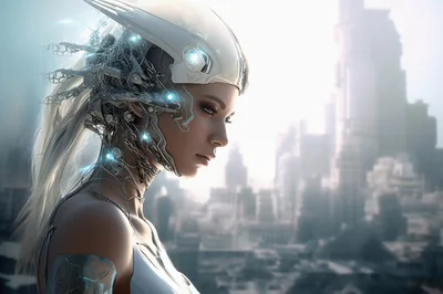 Cyborg Woman With Futuristic Headgear In A Cityscape
