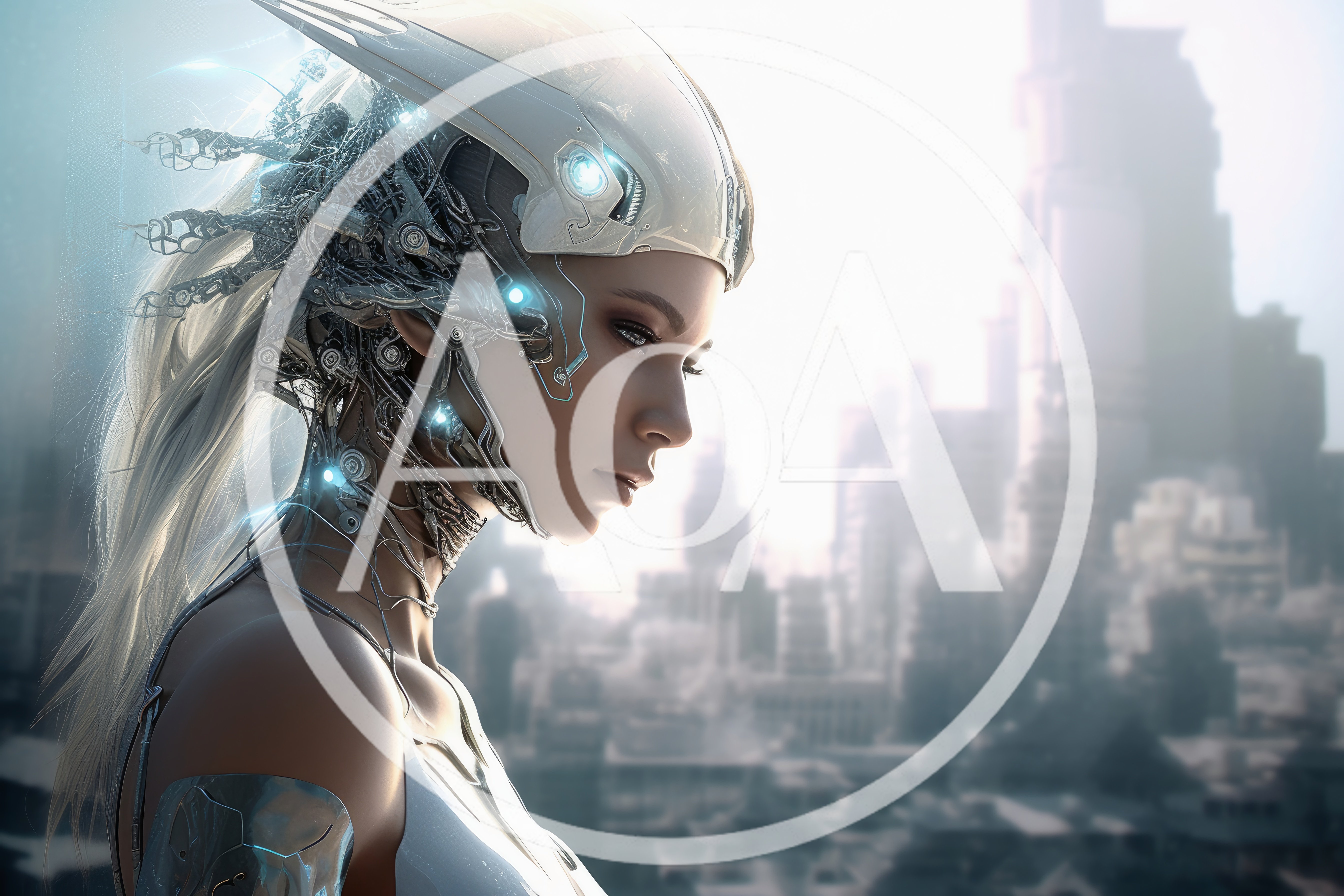 Cyborg Woman With Futuristic Headgear In A Cityscape